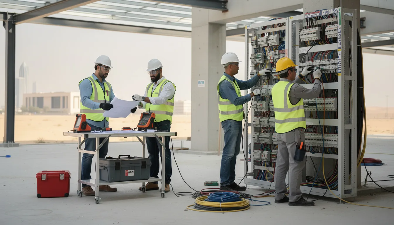 Skilled electricians working on a construction site in Qatar