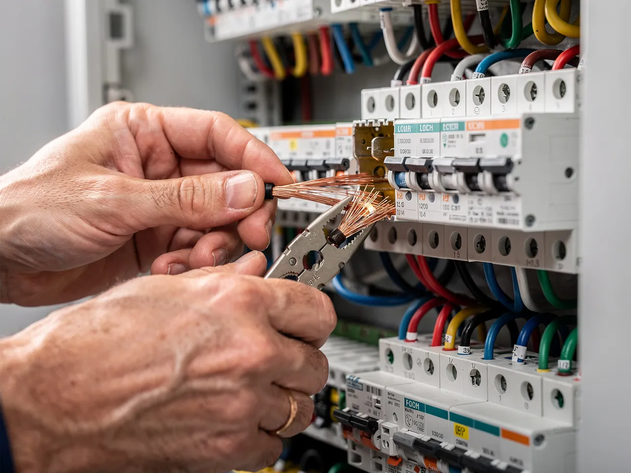 Close-up of electrician connecting wires in a panel
