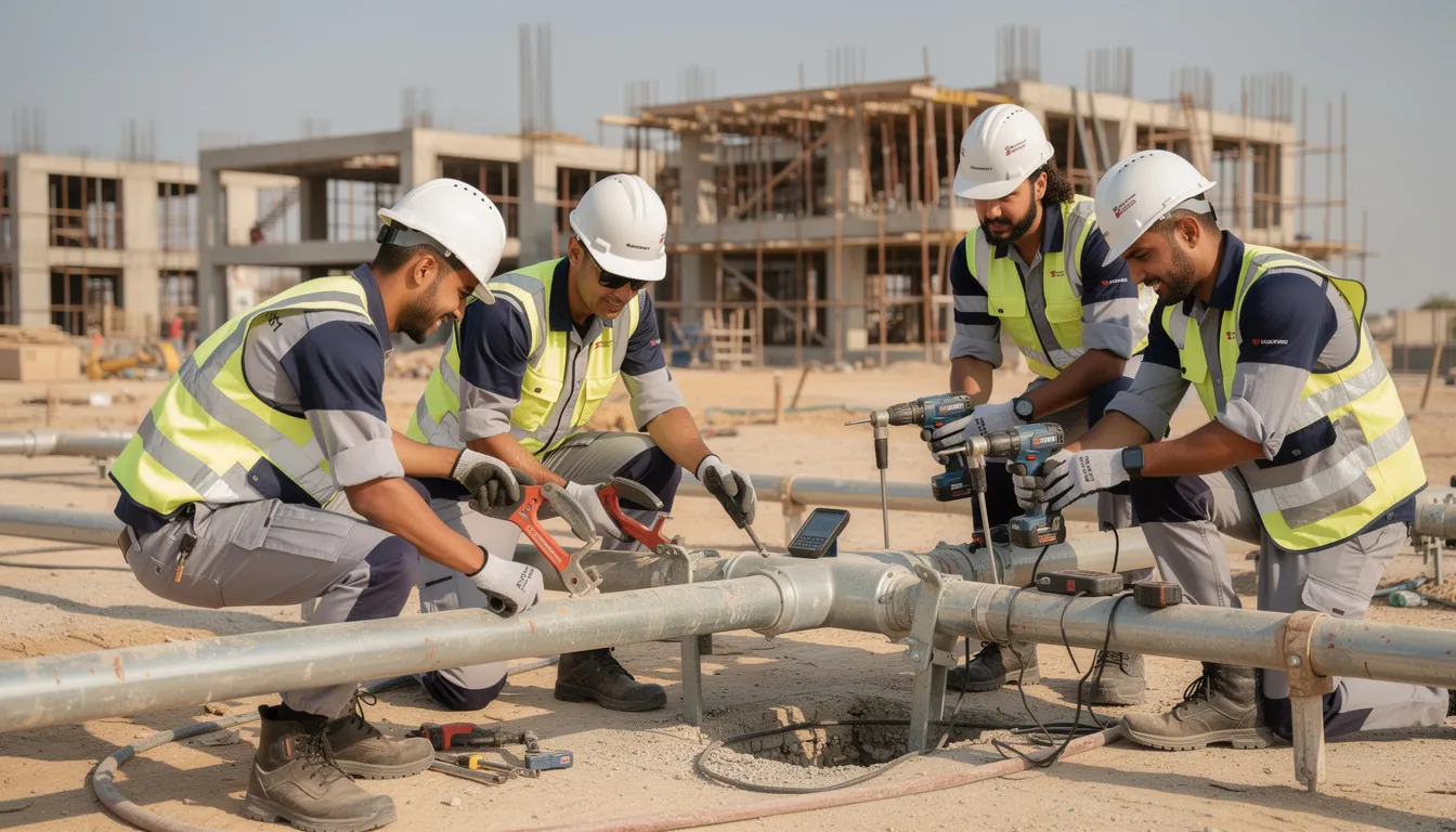 Skilled plumbers working on a construction site in Qatar