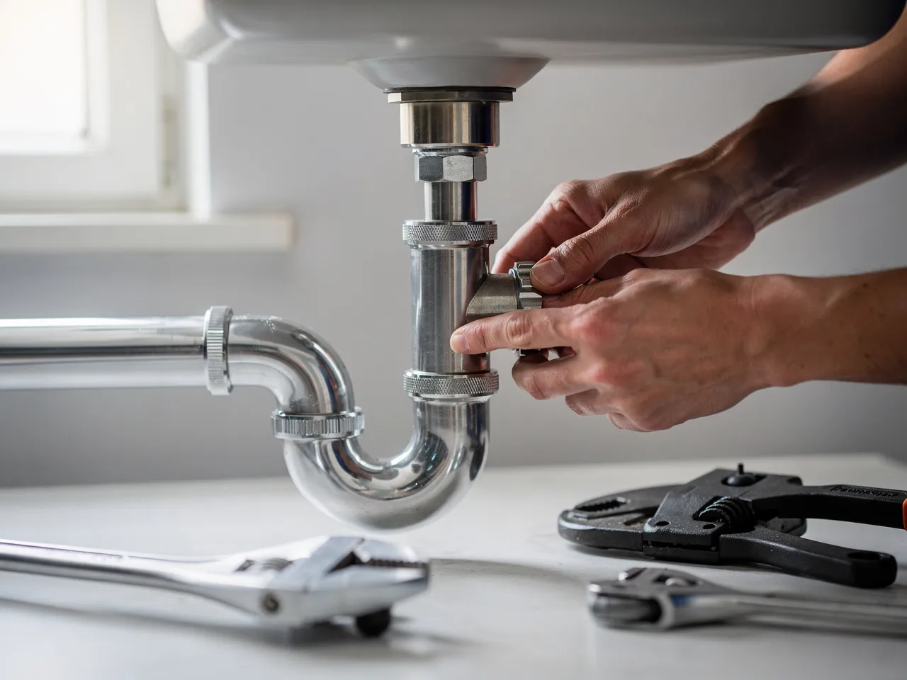 Close-up of a plumber's hands connecting pipes