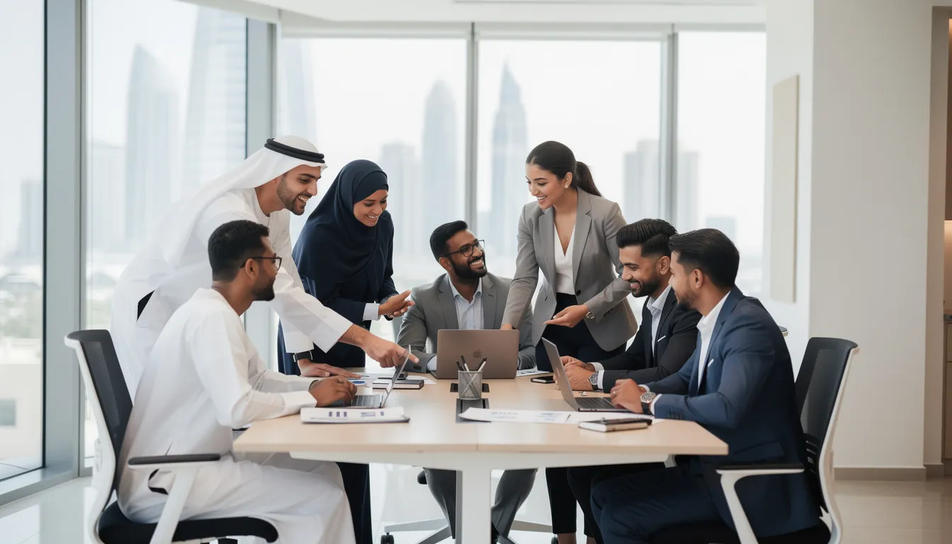 Diverse team collaborating in a modern Doha office for permanent staffing