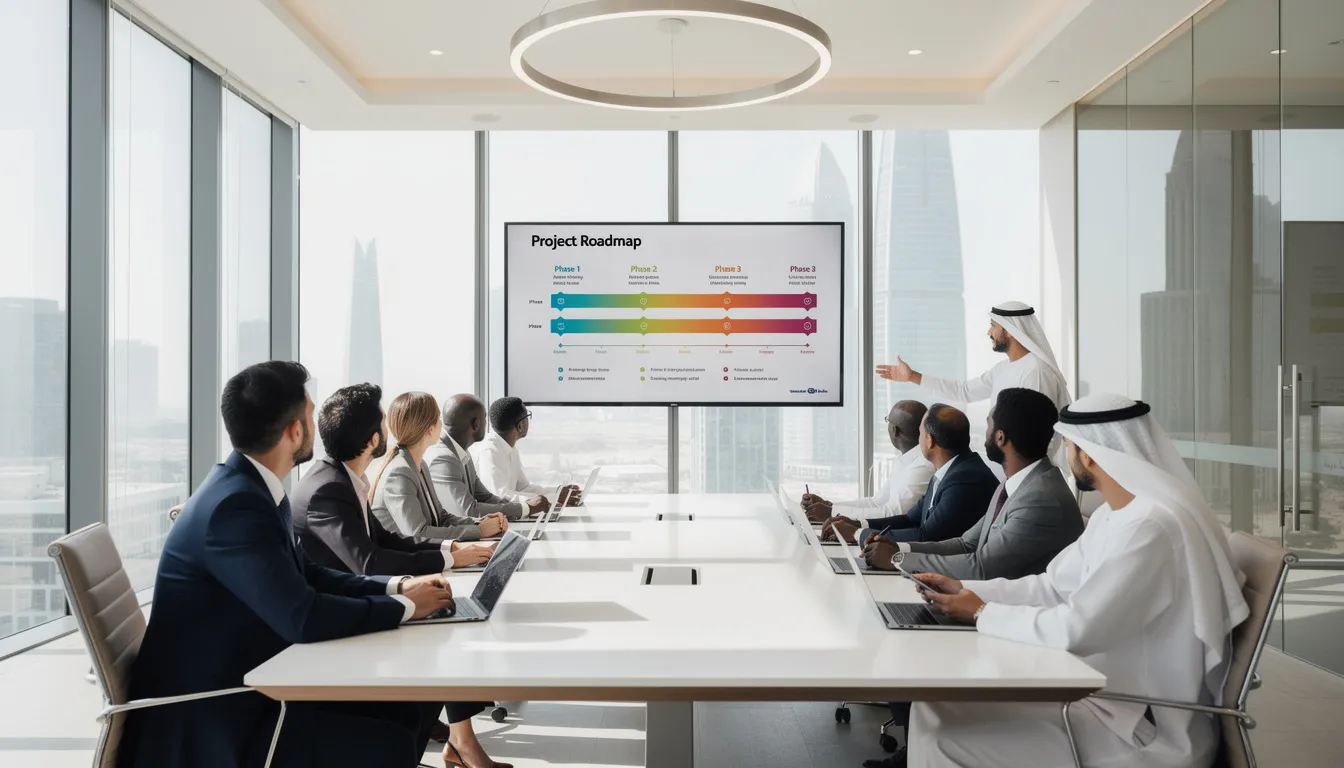 Business professionals collaborating on a project roadmap in Doha