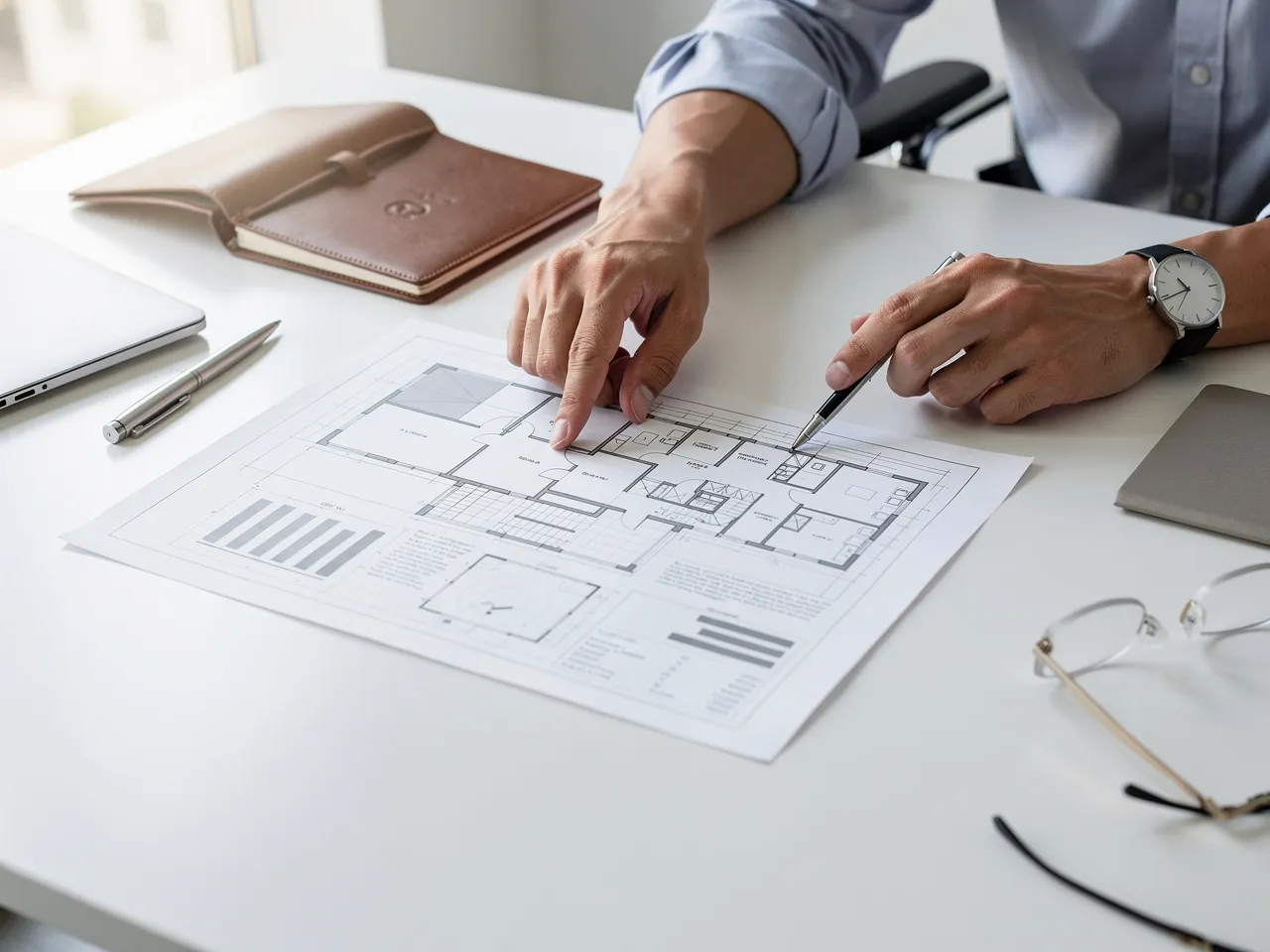 Consultant pointing to a detailed project plan
