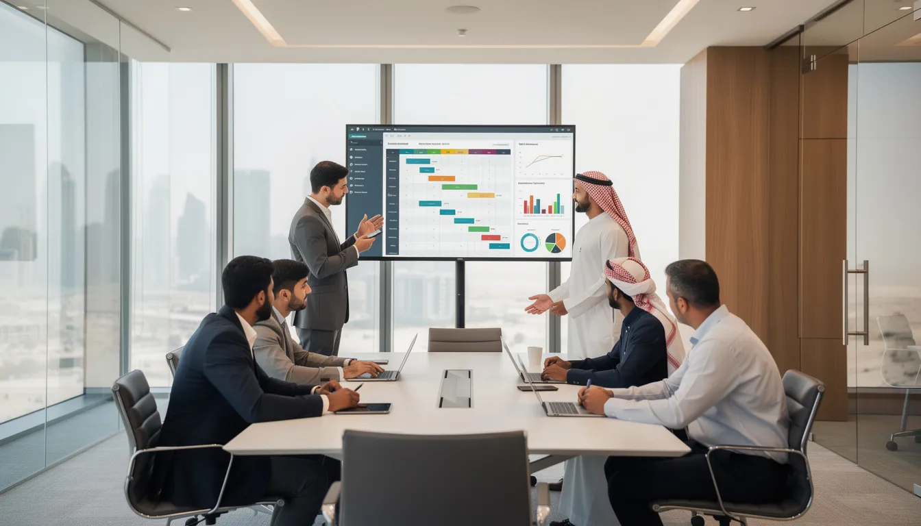 Project management consultants collaborating on a digital project timeline in a modern Doha office