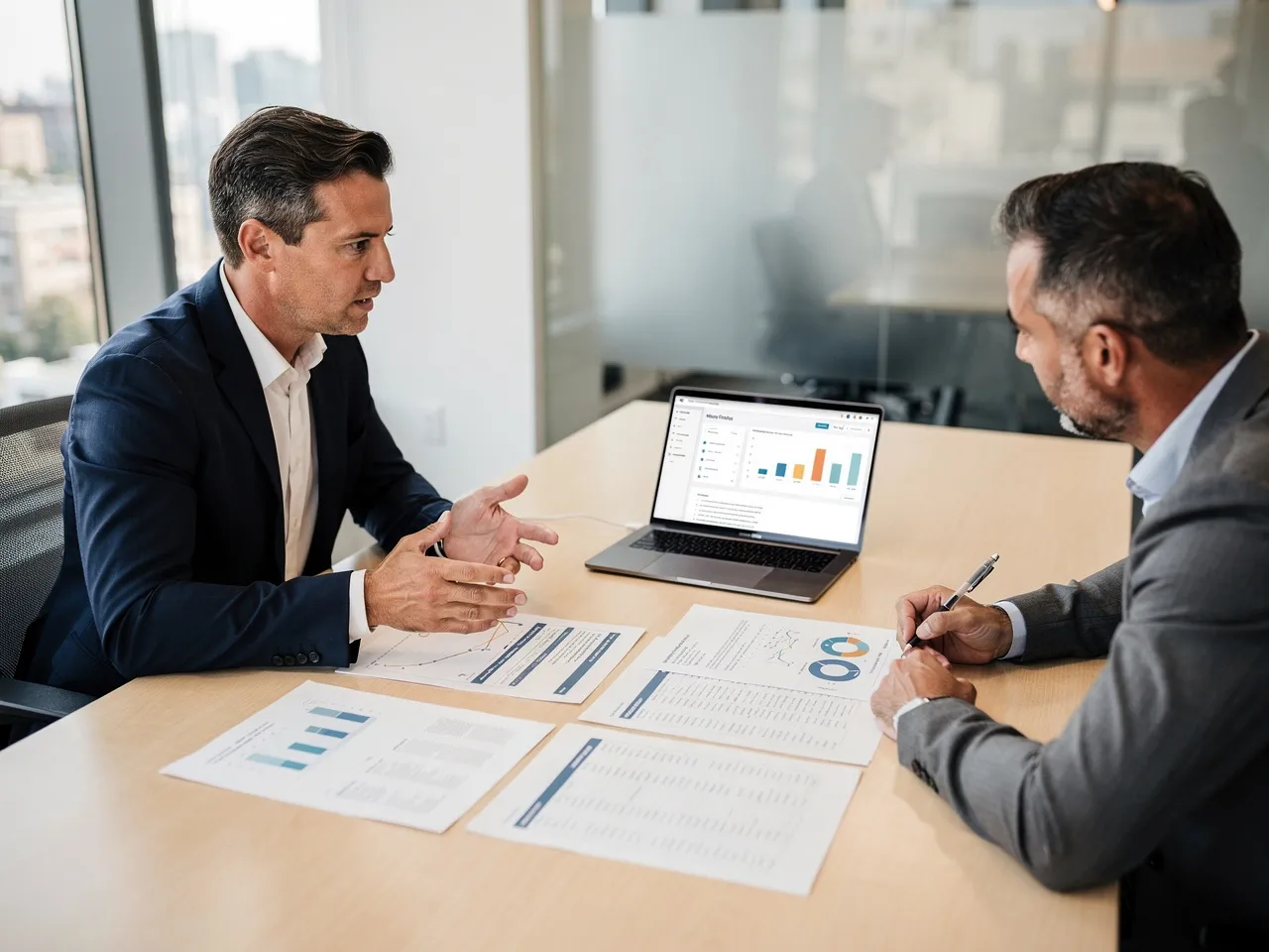 Consultant explaining a project plan to a client in a meeting