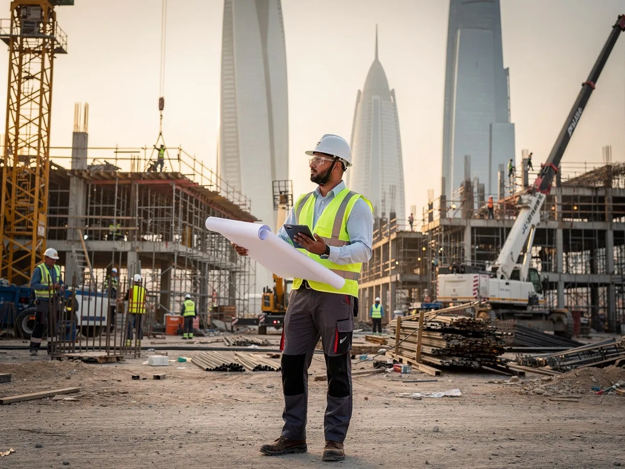 Project manager overseeing a construction site in Doha with city skyline