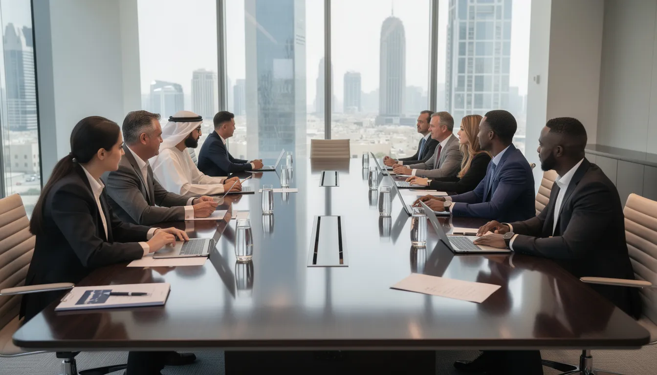 Business executives in a modern boardroom discussing strategy.