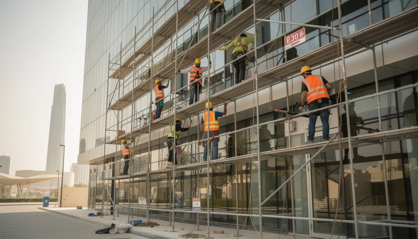 Skilled scaffolders working on a building in Doha