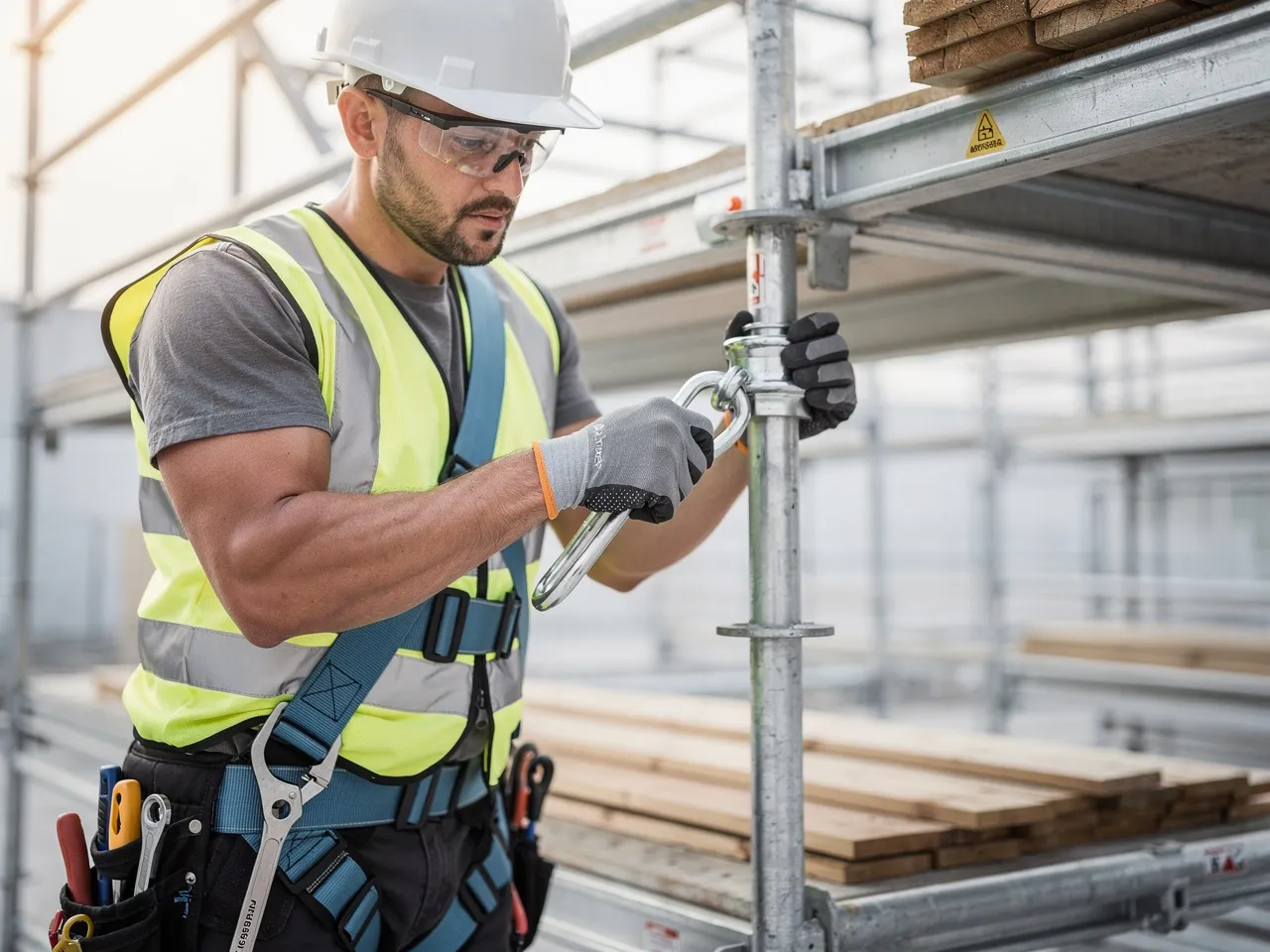 Scaffolder checking safety equipment on a structure