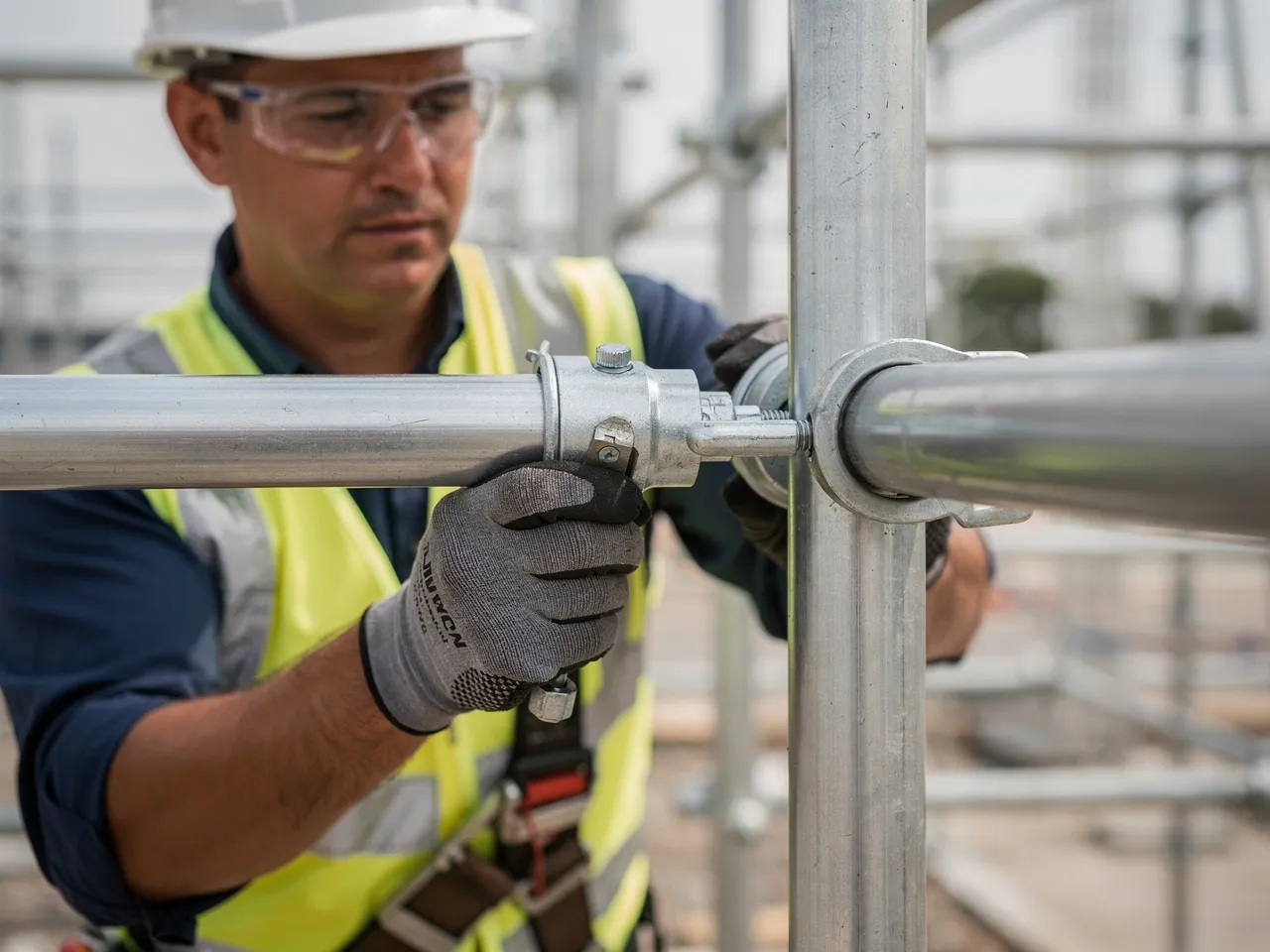 Skilled worker installing scaffolding component