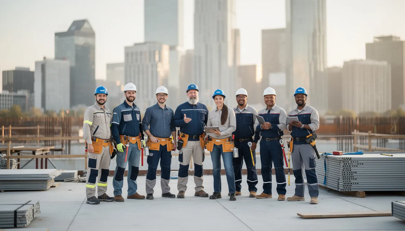 Skilled blue-collar workers on a construction site