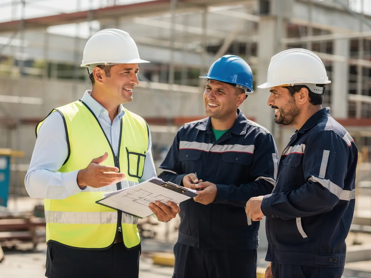 Supervisor discussing plans with blue-collar workers