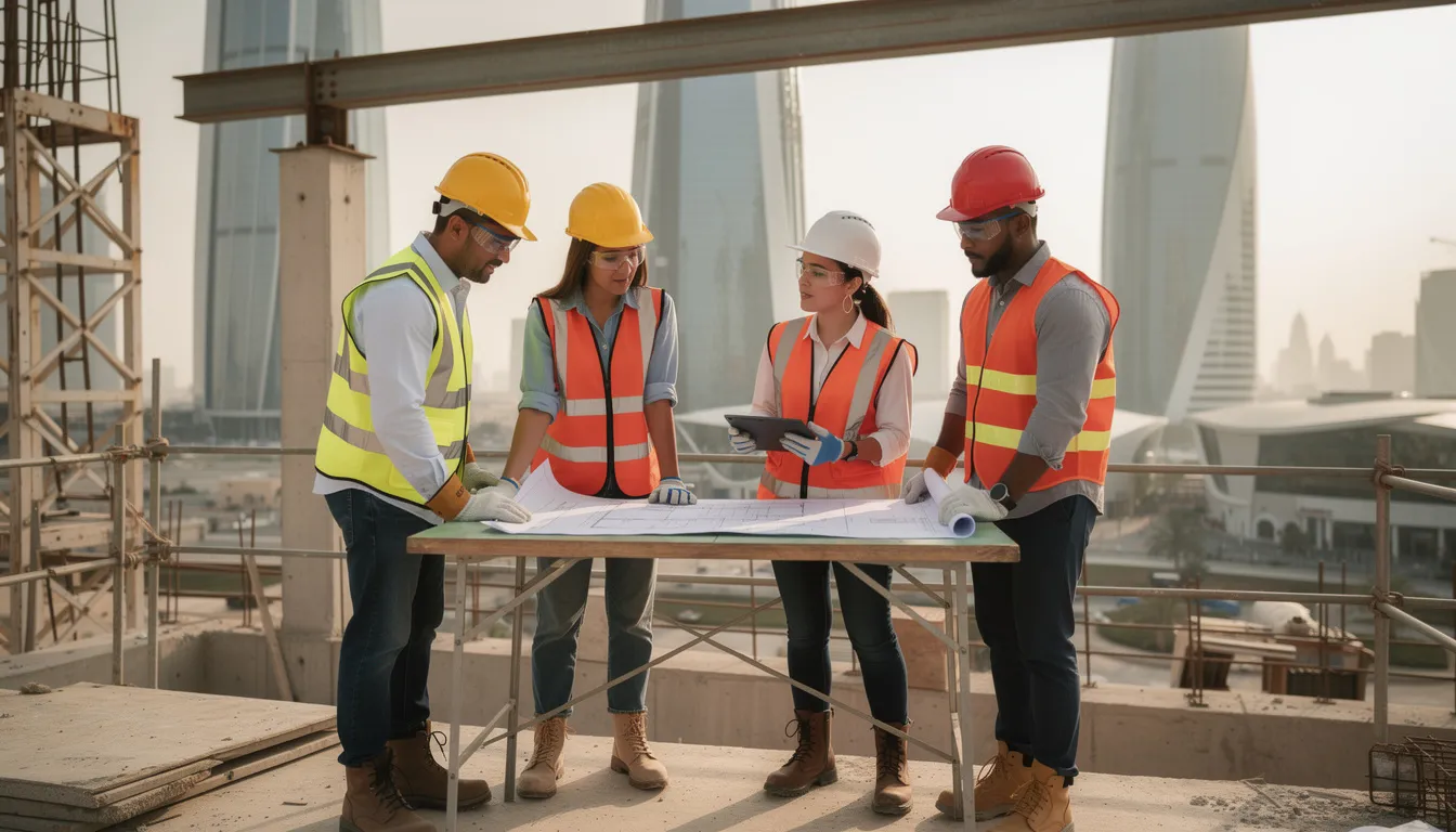 Skilled construction workers collaborating on a project in Qatar.