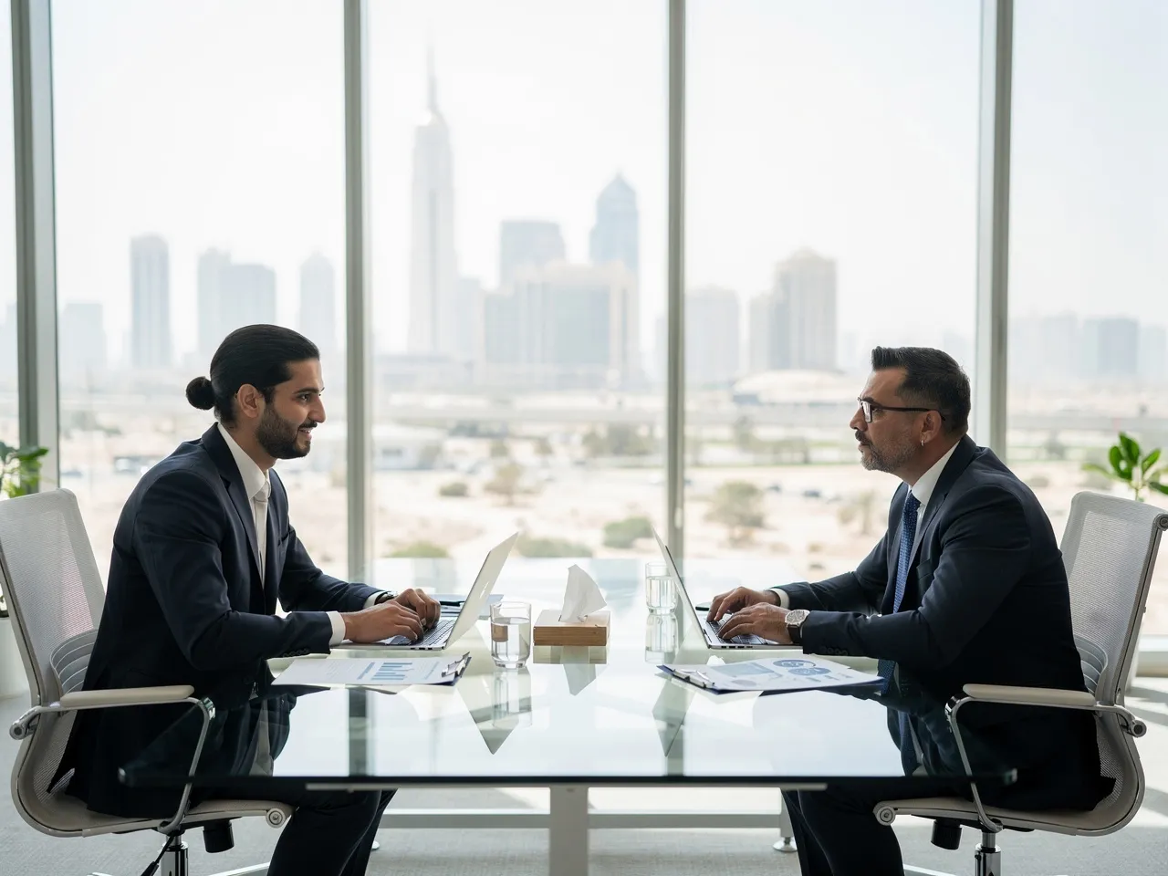 Professional meeting discussing manpower solutions in Doha.