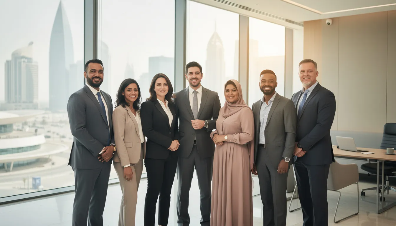 Diverse professionals in a modern office meeting