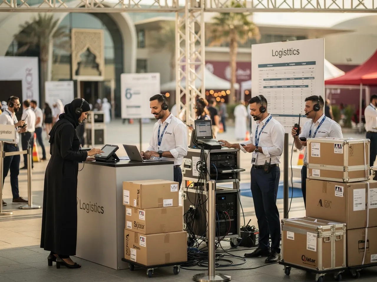 Temporary staff managing tasks at a Doha event setup
