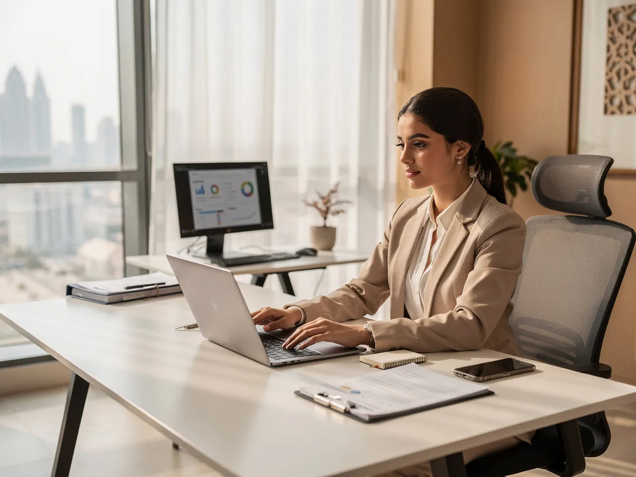 Temporary administrative assistant working in a Doha office.
