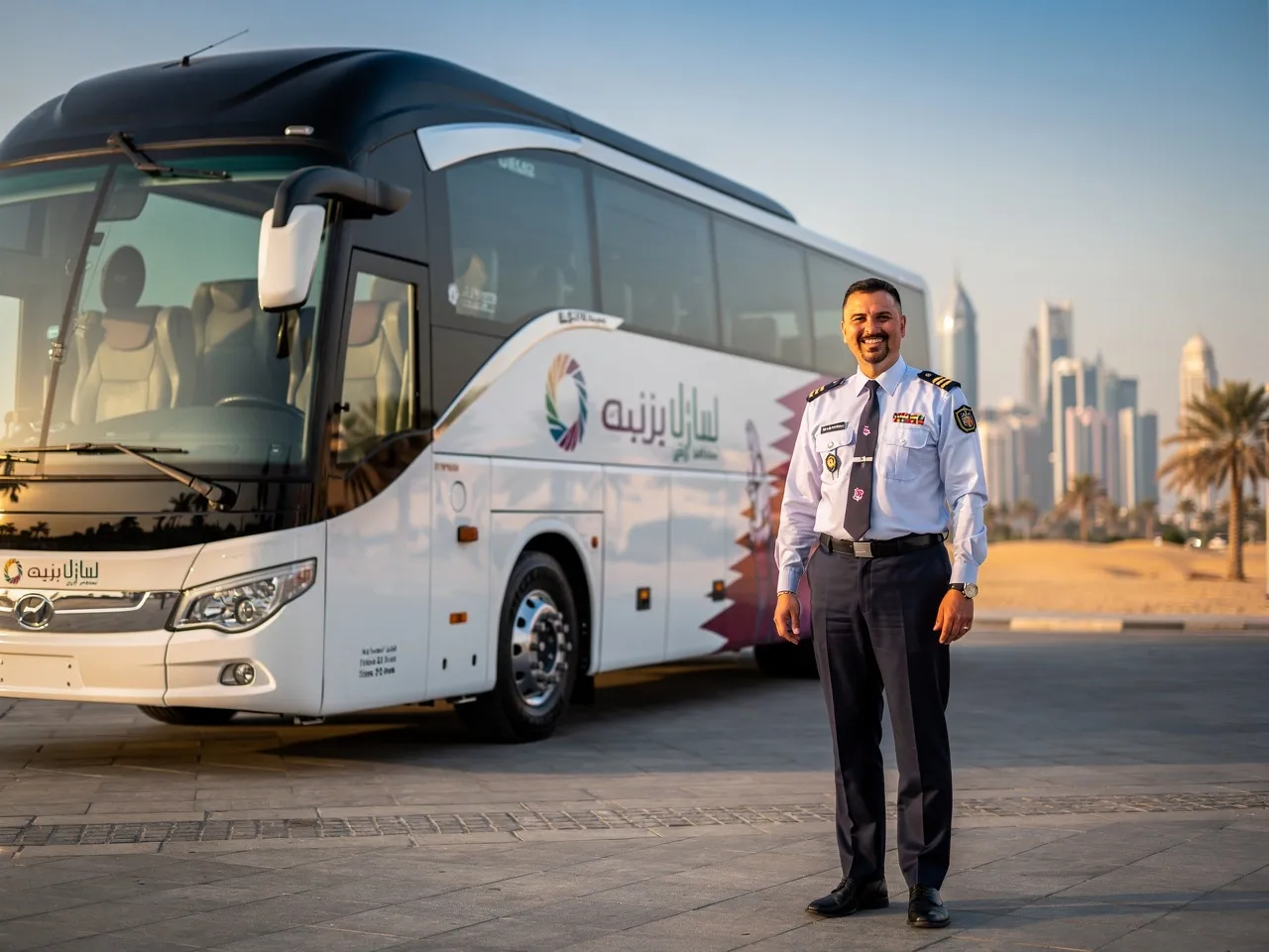 Professional bus driver with branded vehicle in Qatar