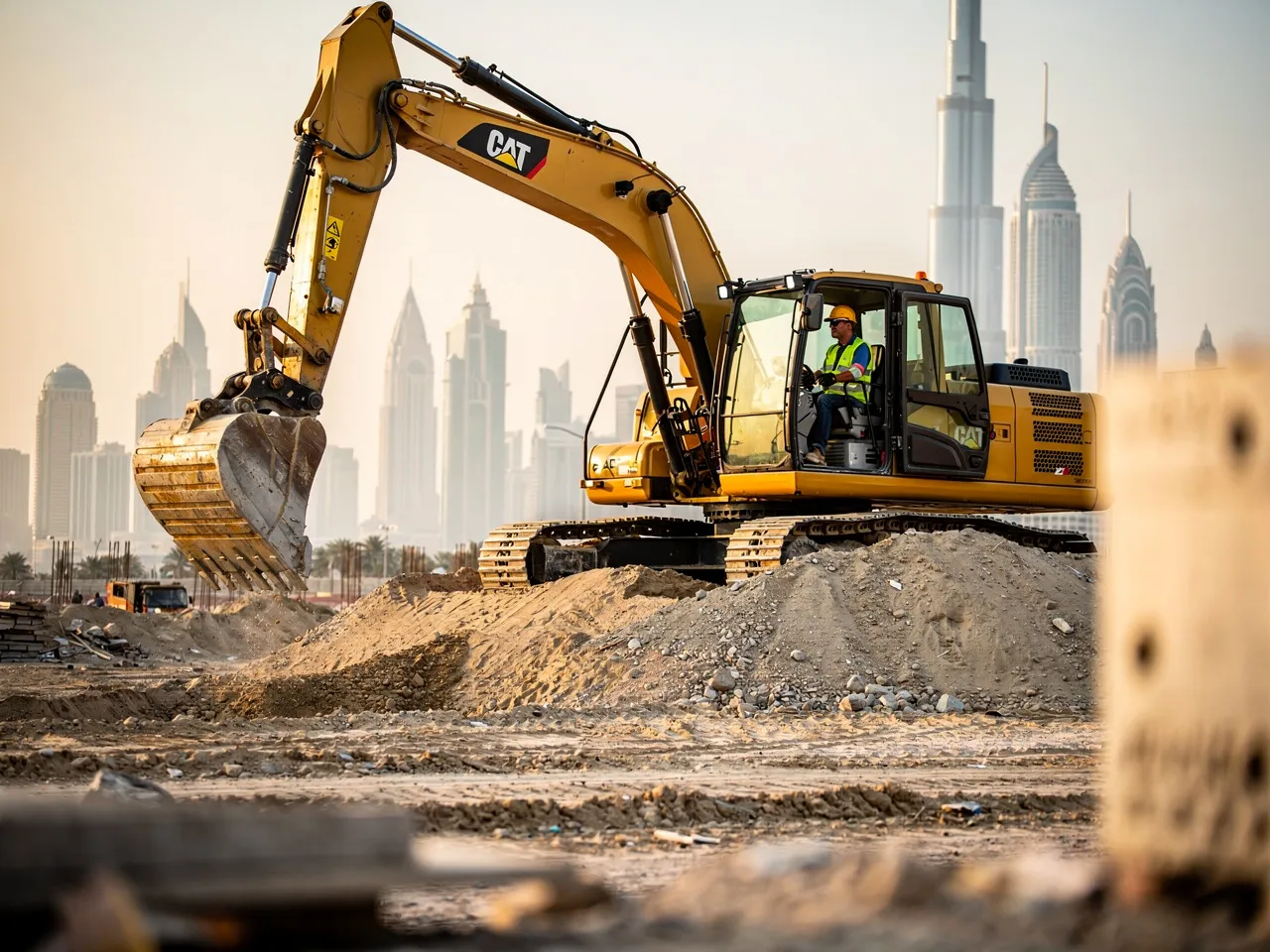 Operator using an excavator for a construction project