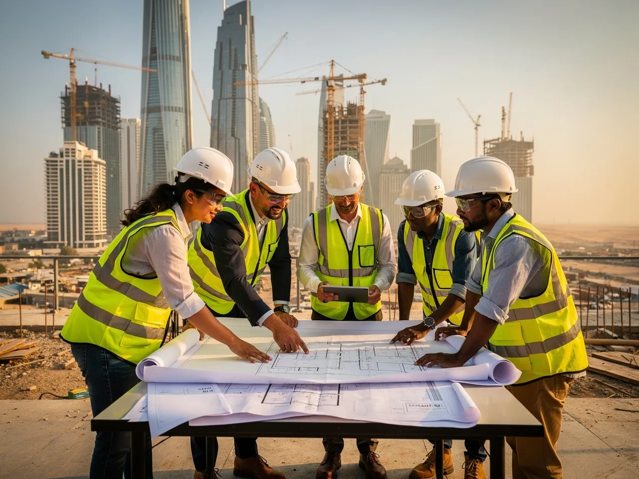 Construction team working together on a project site in the UAE